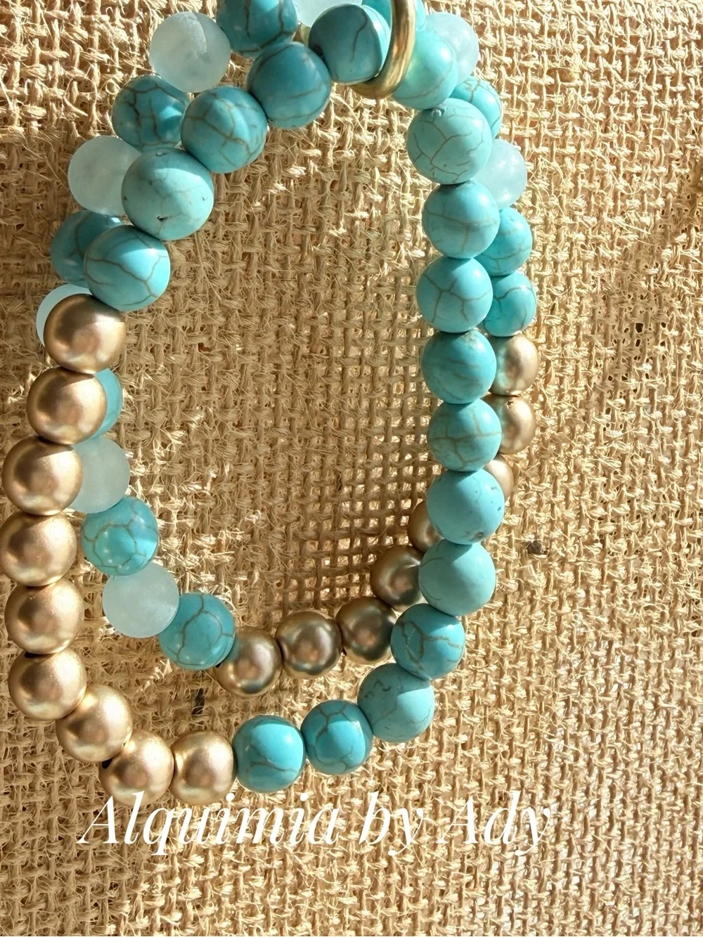 Turquoise and Gold Beaded Stretch Bracelet Set of two